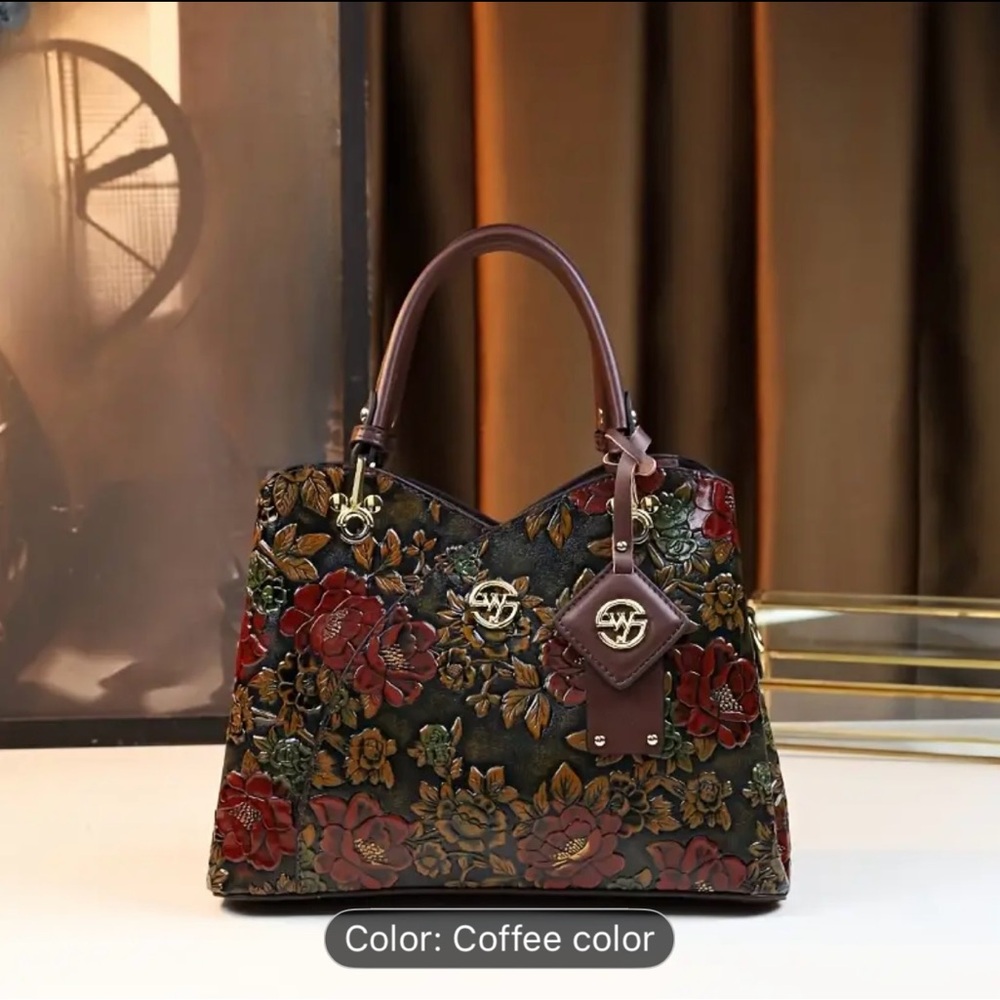 Floral Embossed Leather Shoulder Bag - Coffee - Picture 9 of 10